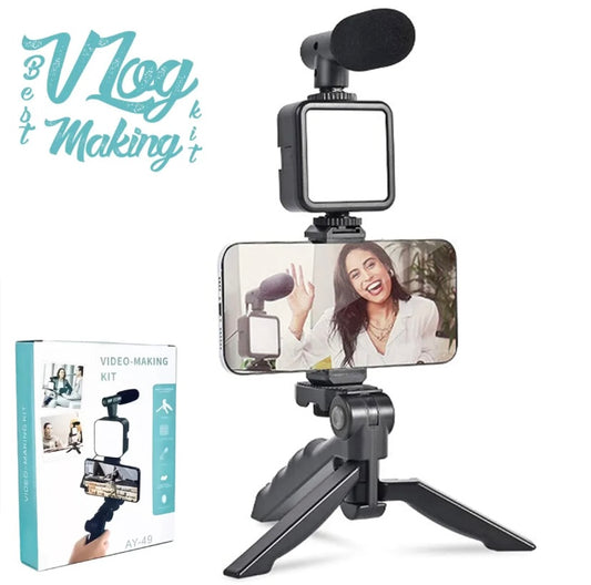 3-in-1 Vlogging Kit,With Tripod Stand Microphone Led Light And Mobile Holder